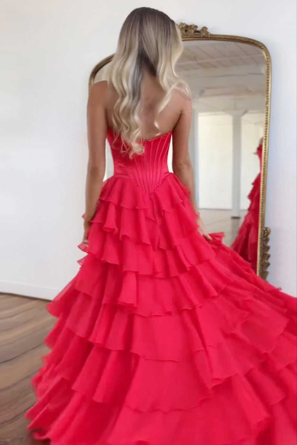 Sweetheart A Line Long Chiffon Prom Dress in Fuchsia with Tiered Corset and Slit