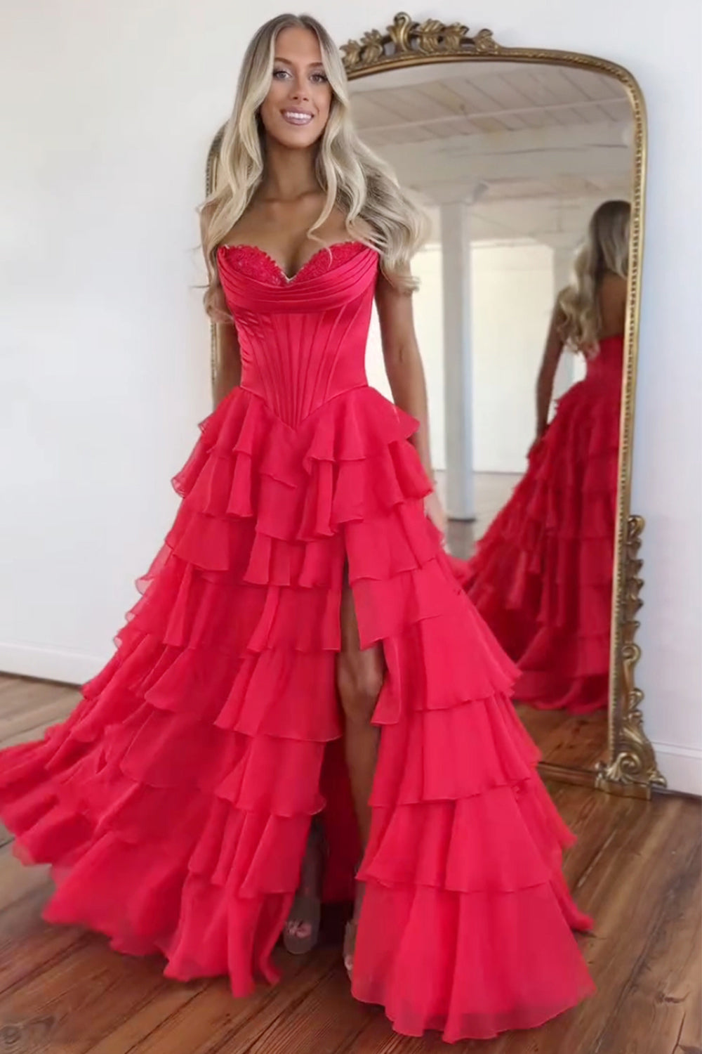 Sweetheart Corset A-Line Prom Dress in Fuchsia with Tiered Chiffon and Slit