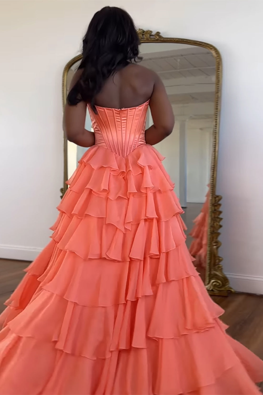 Sweetheart A Line Long Chiffon Prom Dress in Fuchsia with Tiered Corset and Slit