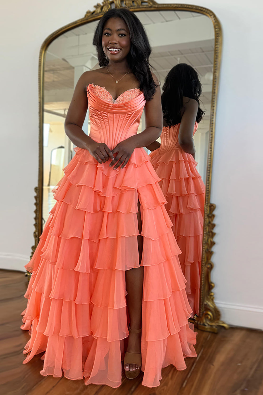 Sweetheart Princess Corset Prom Dress in Light Pink with Tiered Chiffon and Slit