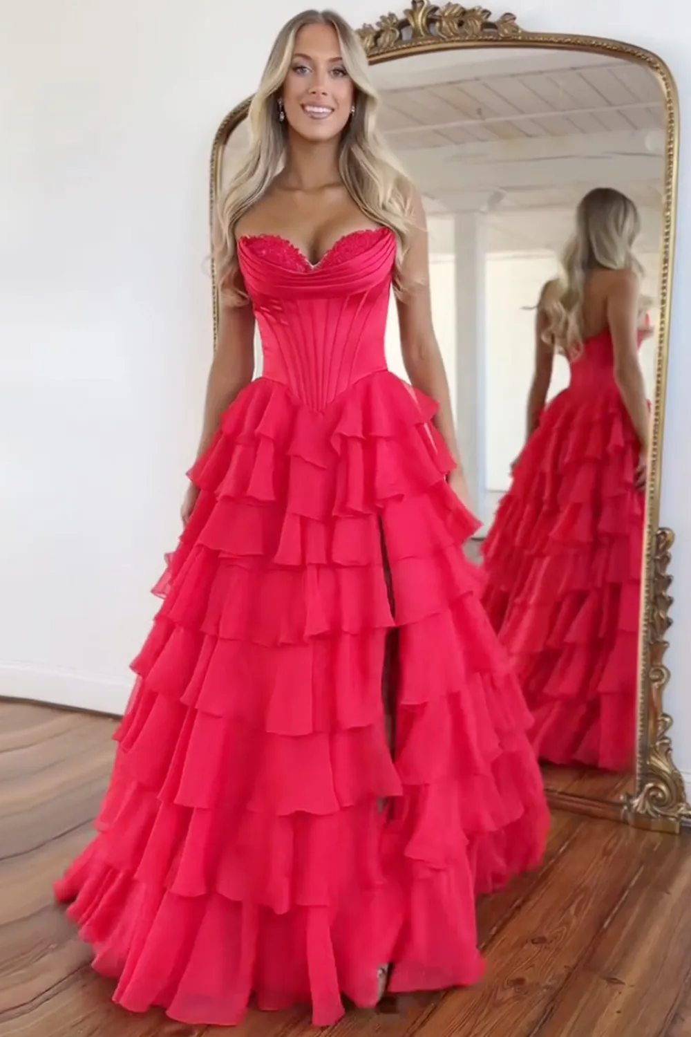 Sweetheart Corset A-Line Prom Dress in Fuchsia with Tiered Chiffon and Slit