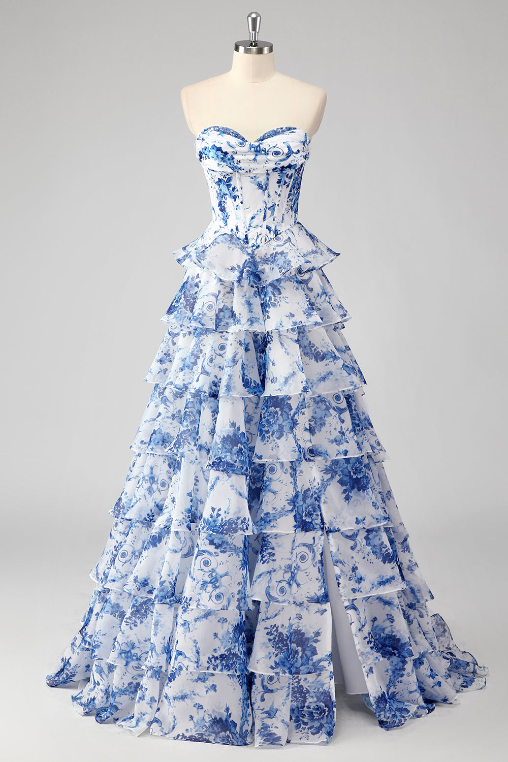 Blush Floral A-Line Long Chiffon Prom Dress with Corset and Tiered Slit
