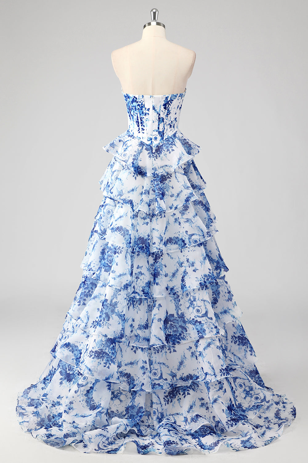 Blush Floral A-Line Long Chiffon Prom Dress with Corset and Tiered Slit