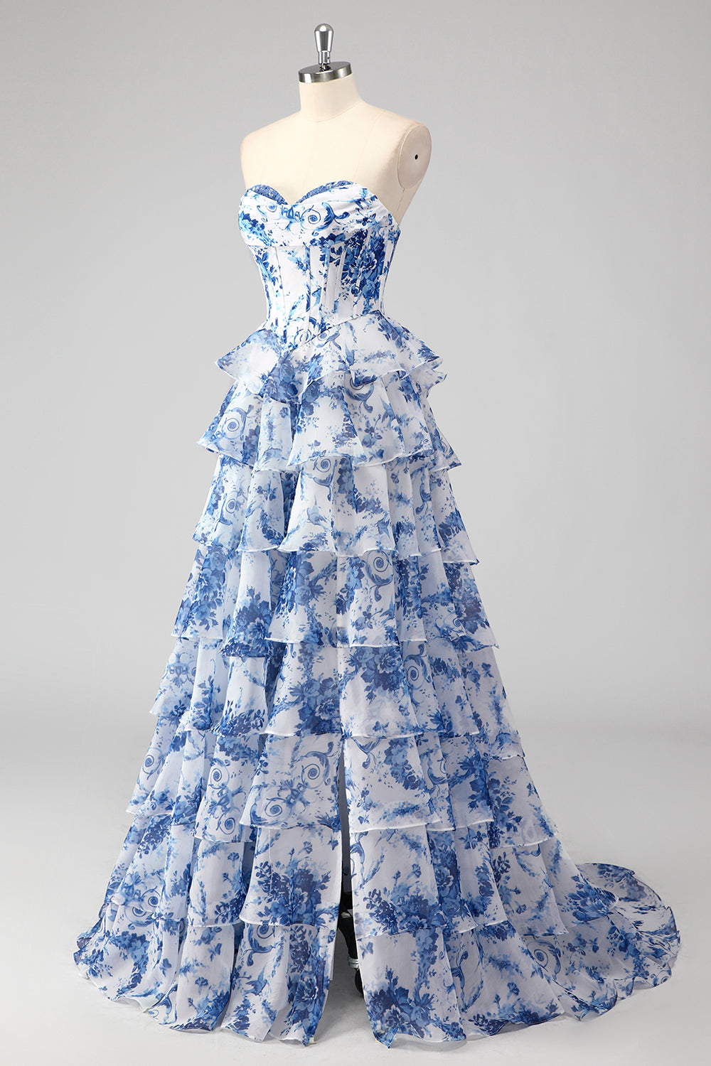 Blush Floral A-Line Long Chiffon Prom Dress with Corset and Tiered Slit