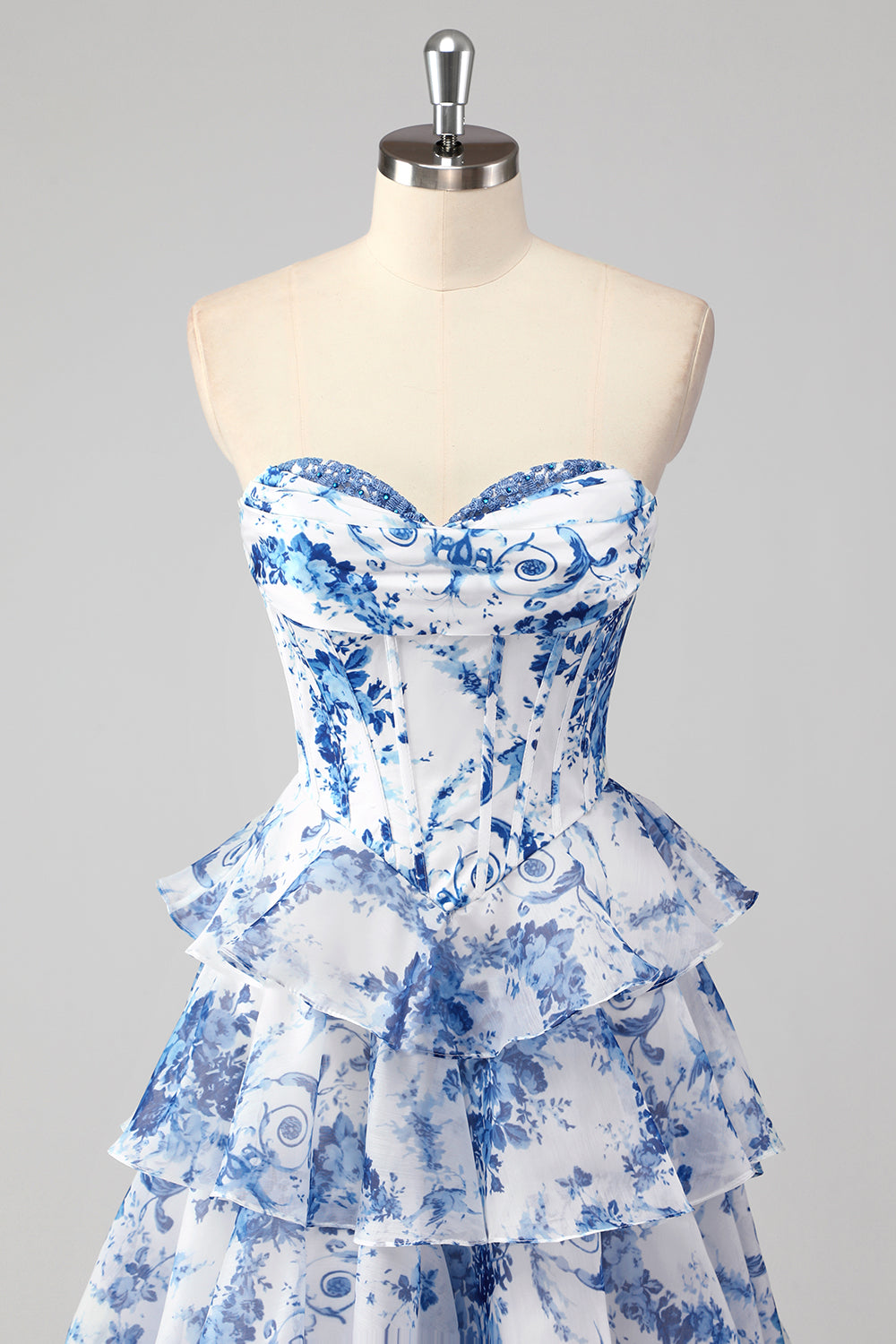 Blush Floral A-Line Long Chiffon Prom Dress with Corset and Tiered Slit
