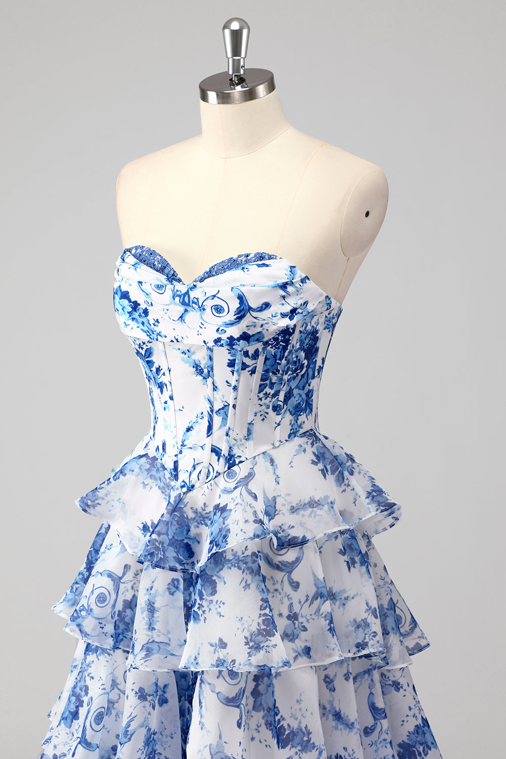 Blush Floral A-Line Long Chiffon Prom Dress with Corset and Tiered Slit