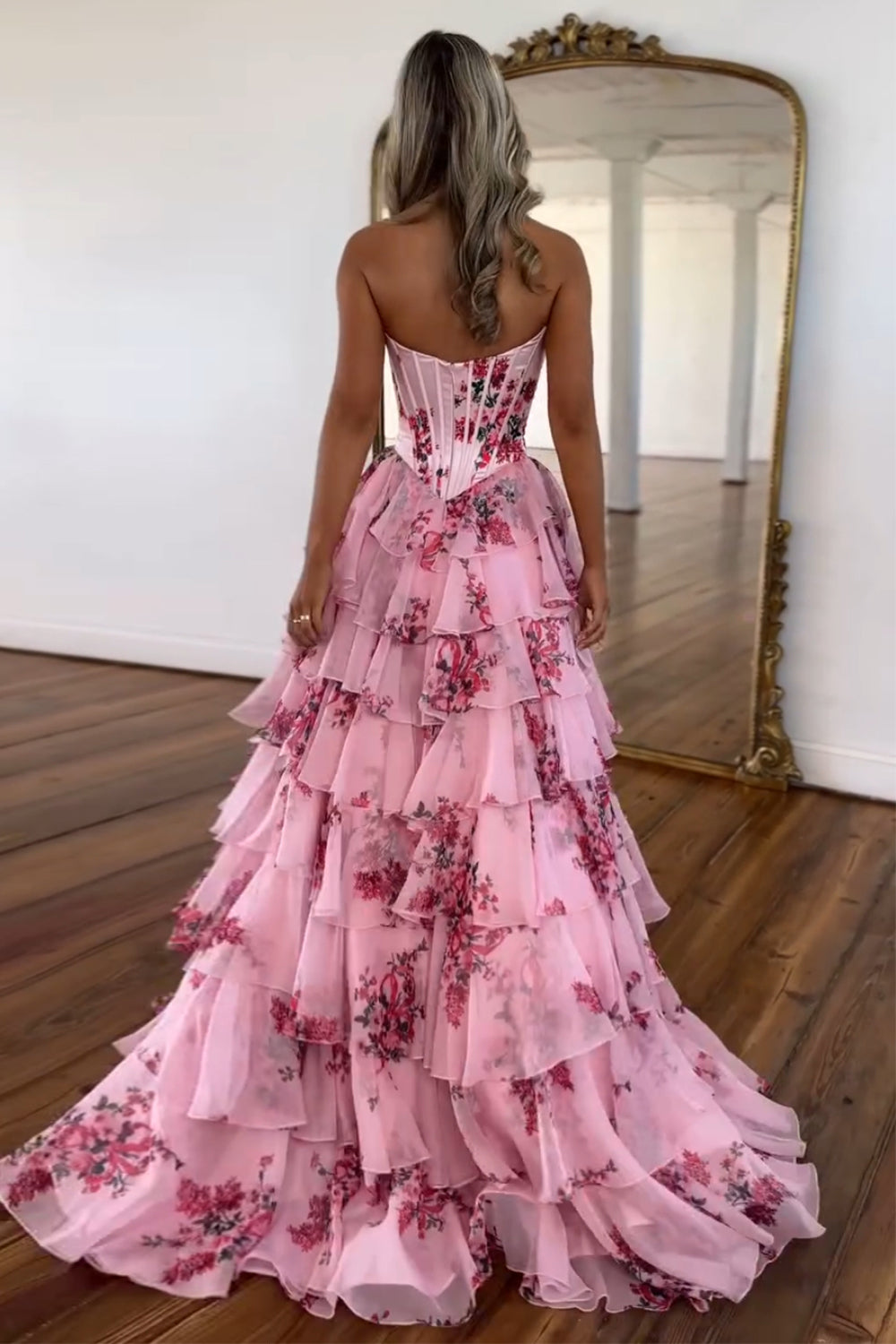 Sweetheart Blush A-Line Corset Prom Dress with Floral Ruffles and Long Chiffon Slit