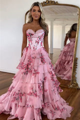 Sweetheart Blush A-Line Corset Prom Dress with Floral Ruffles and Long Chiffon Slit