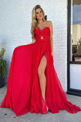 Sweetheart Red A-Line Chiffon Prom Dress with Pleats and Slit