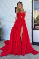 Sweetheart Red A-Line Chiffon Prom Dress with Pleats and Slit