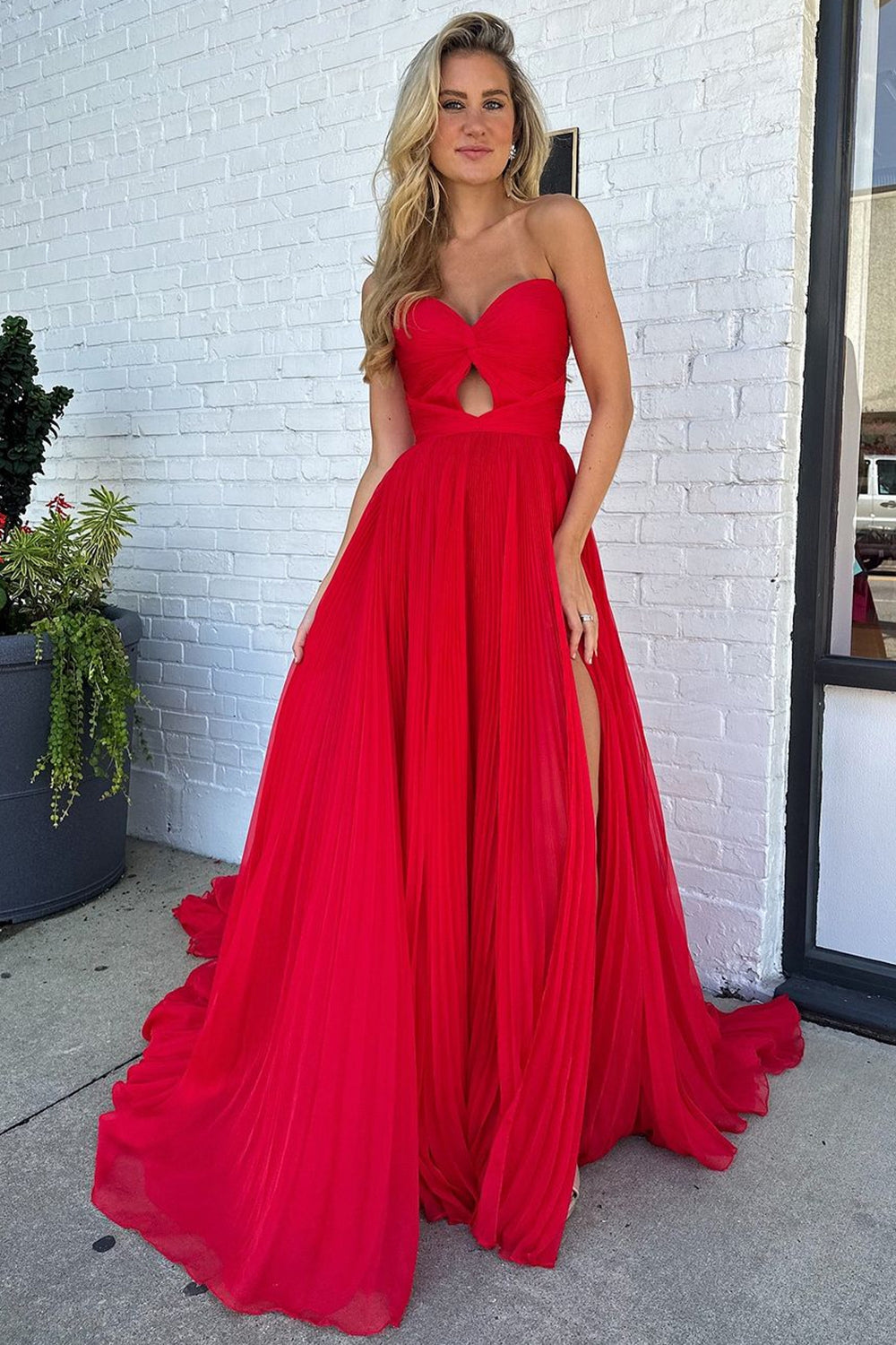 Sweetheart Red A-Line Chiffon Prom Dress with Pleats and Slit