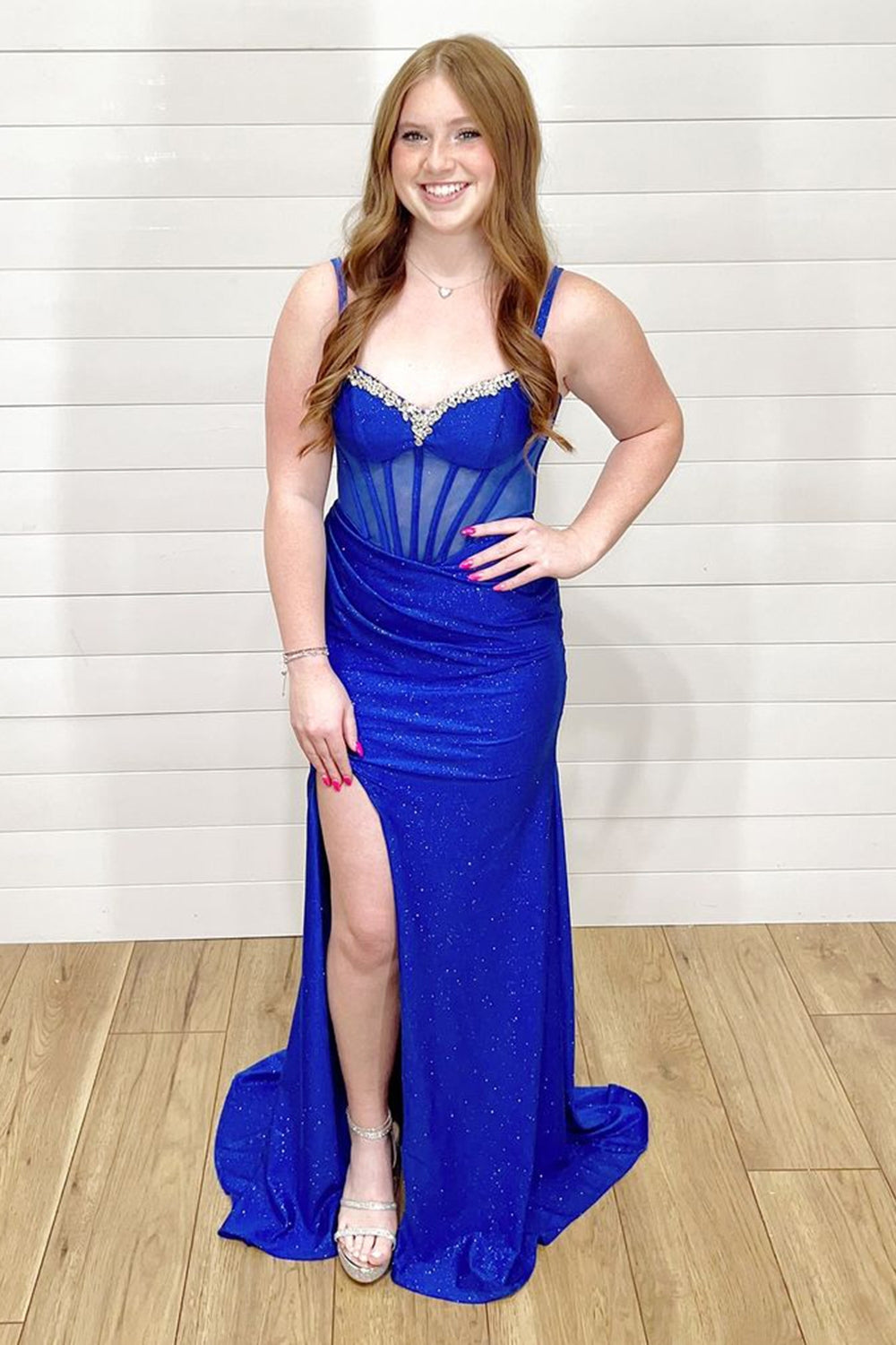 Royal Blue Sparkle Mermaid Corset Prom Dress with Beaded Spaghetti Straps