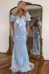 Long Corset Prom Dress with Sparkly Blue Floral Puff Sleeves and Bowknot