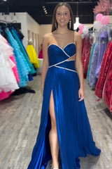 Metallic Royal Blue A-Line Prom Dress with One Shoulder Pleats Cut-out and Slit
