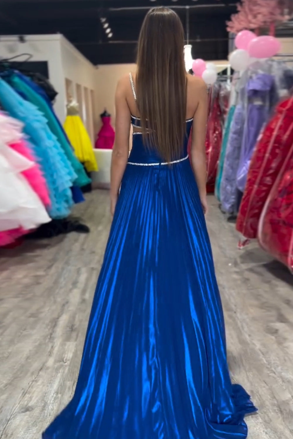 Metallic Royal Blue A-Line Prom Dress with One Shoulder Pleats Cut-out and Slit
