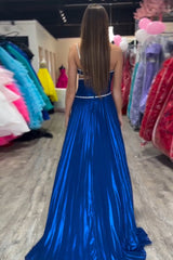 Metallic Royal Blue A-Line Prom Dress with One Shoulder Pleats Cut-out and Slit