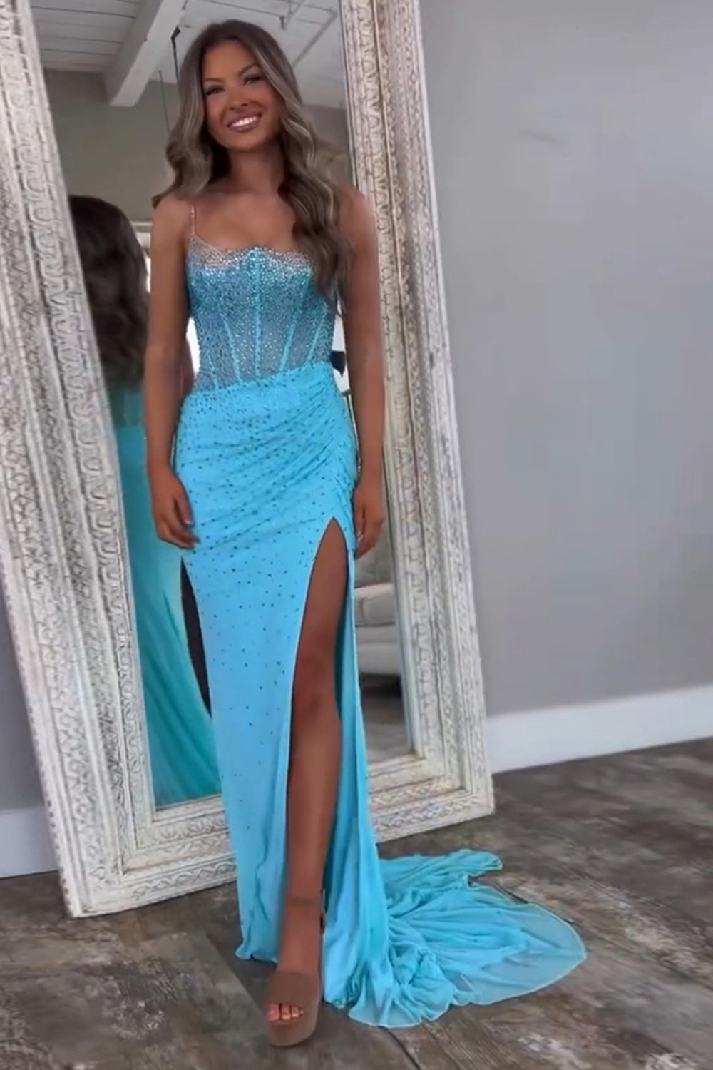 Long Beaded Mermaid Prom Dress with Orange Spaghetti Straps and Slit