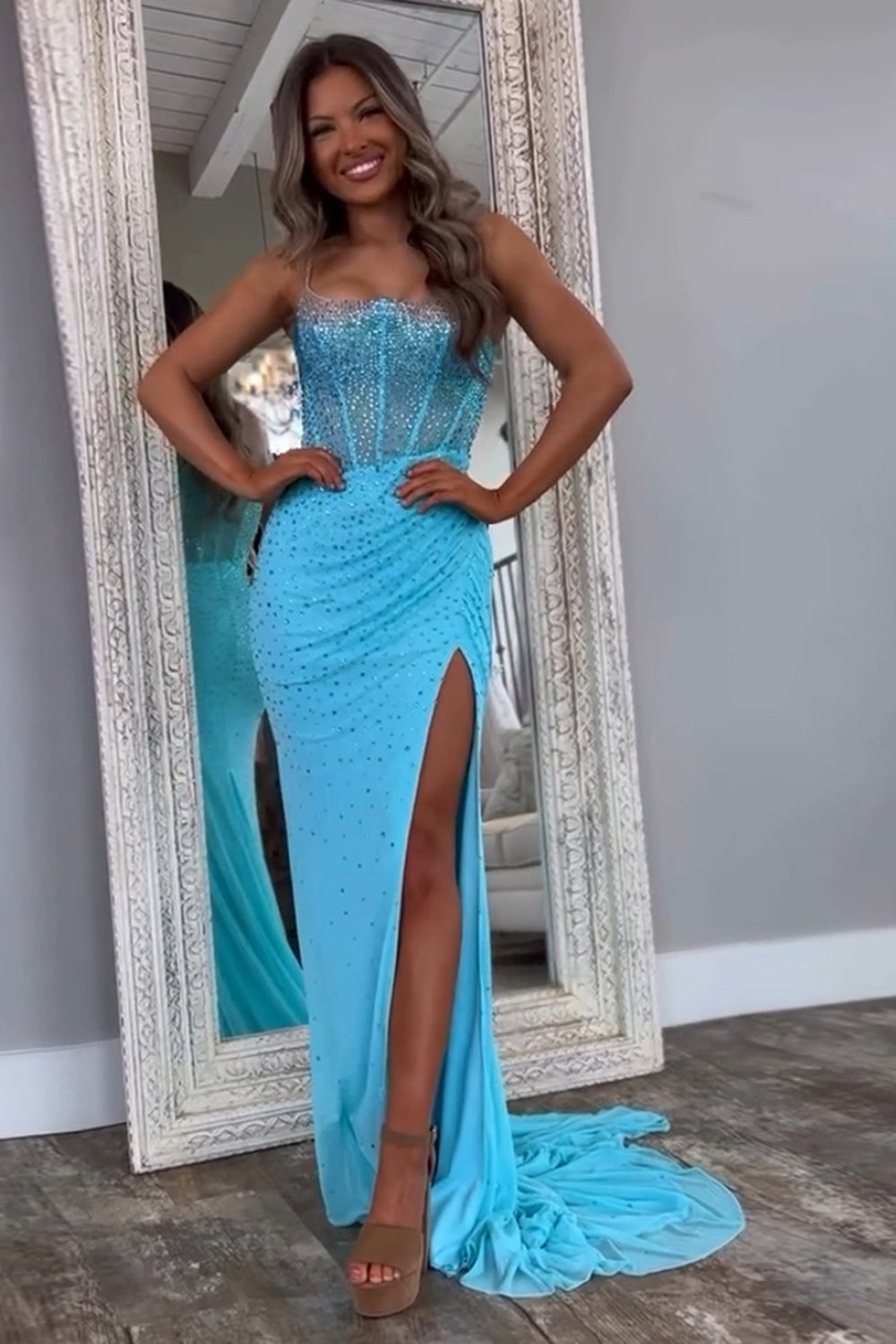 Long Beaded Mermaid Prom Dress with Orange Spaghetti Straps and Slit