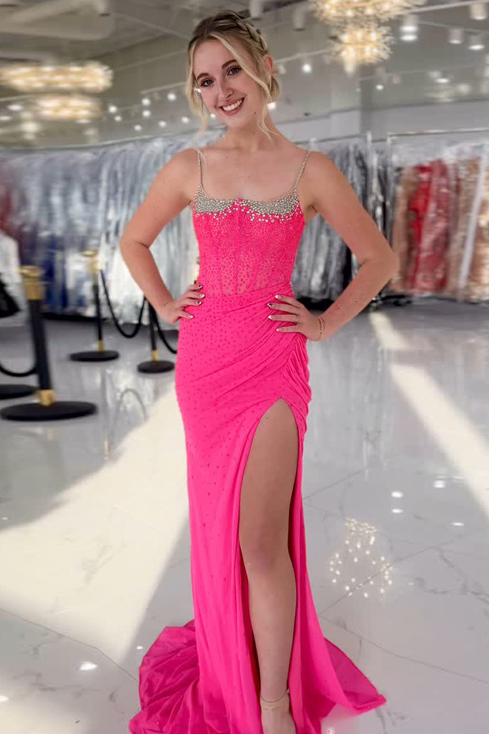 Long Beaded Mermaid Prom Dress with Orange Spaghetti Straps and Slit
