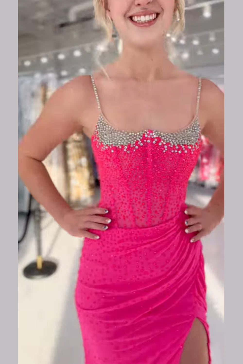 Long Fuchsia Beaded Sheath Prom Dress with Sparkly Slit Corset