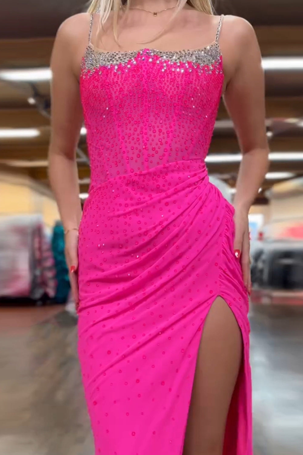 Long Beaded Mermaid Prom Dress with Orange Spaghetti Straps and Slit