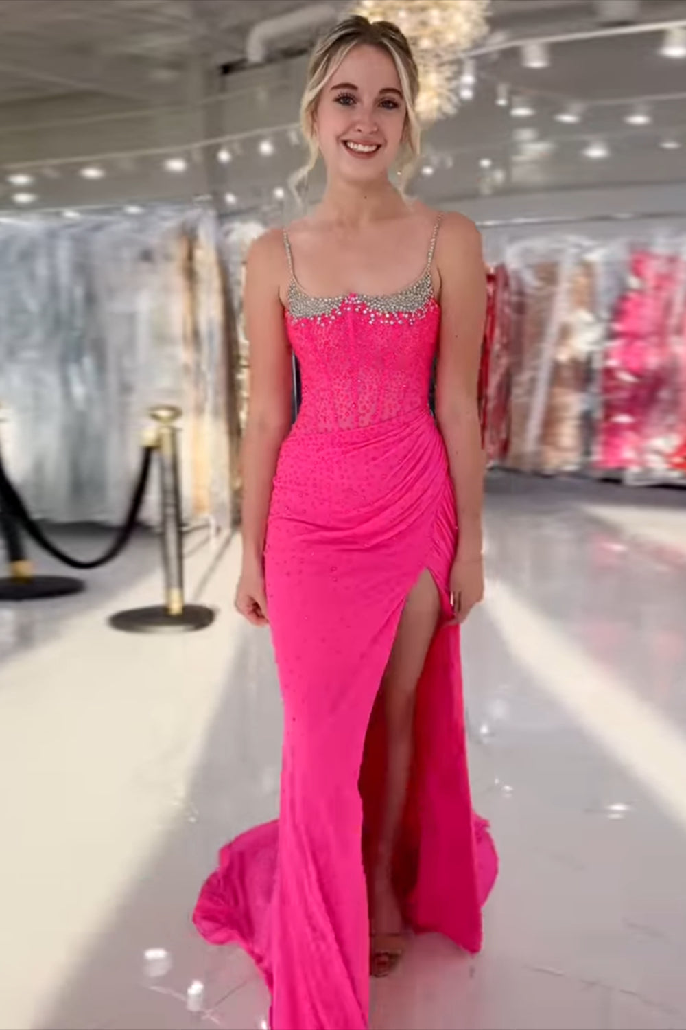 Long Mermaid Prom Dress with Dark Green Spaghetti Straps Beaded Corset and Slit