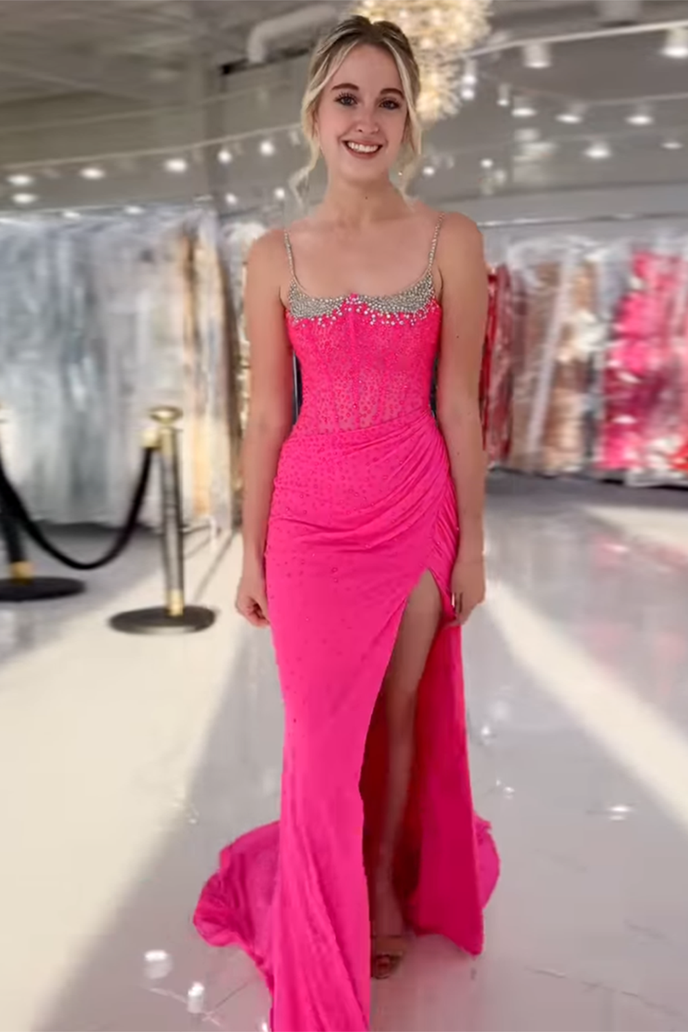 Long Fuchsia Beaded Sheath Prom Dress with Sparkly Slit Corset