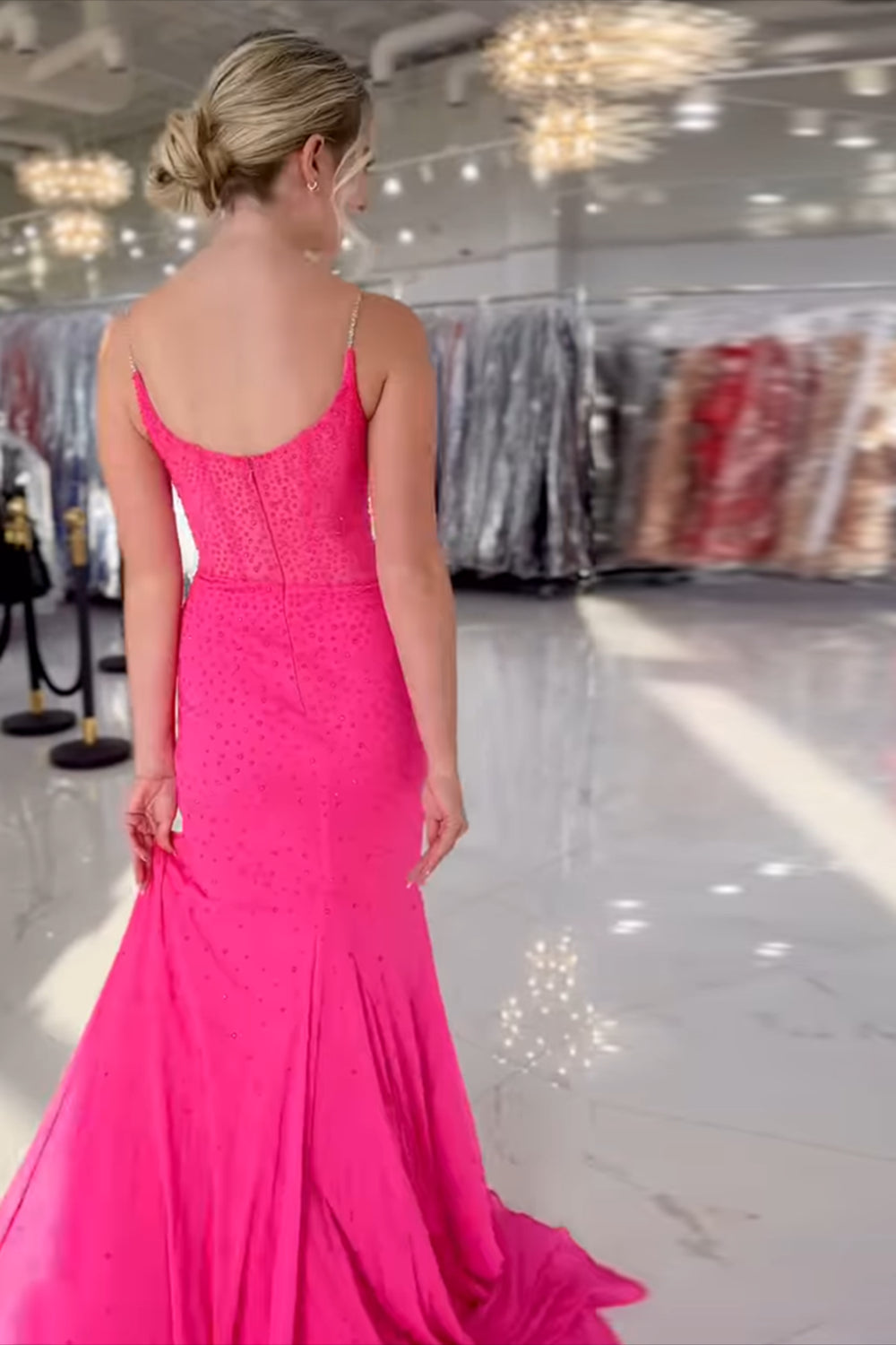 Long Beaded Mermaid Prom Dress with Orange Spaghetti Straps and Slit