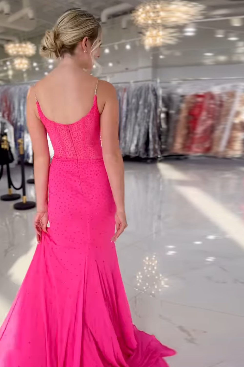 Long Fuchsia Beaded Sheath Prom Dress with Sparkly Slit Corset