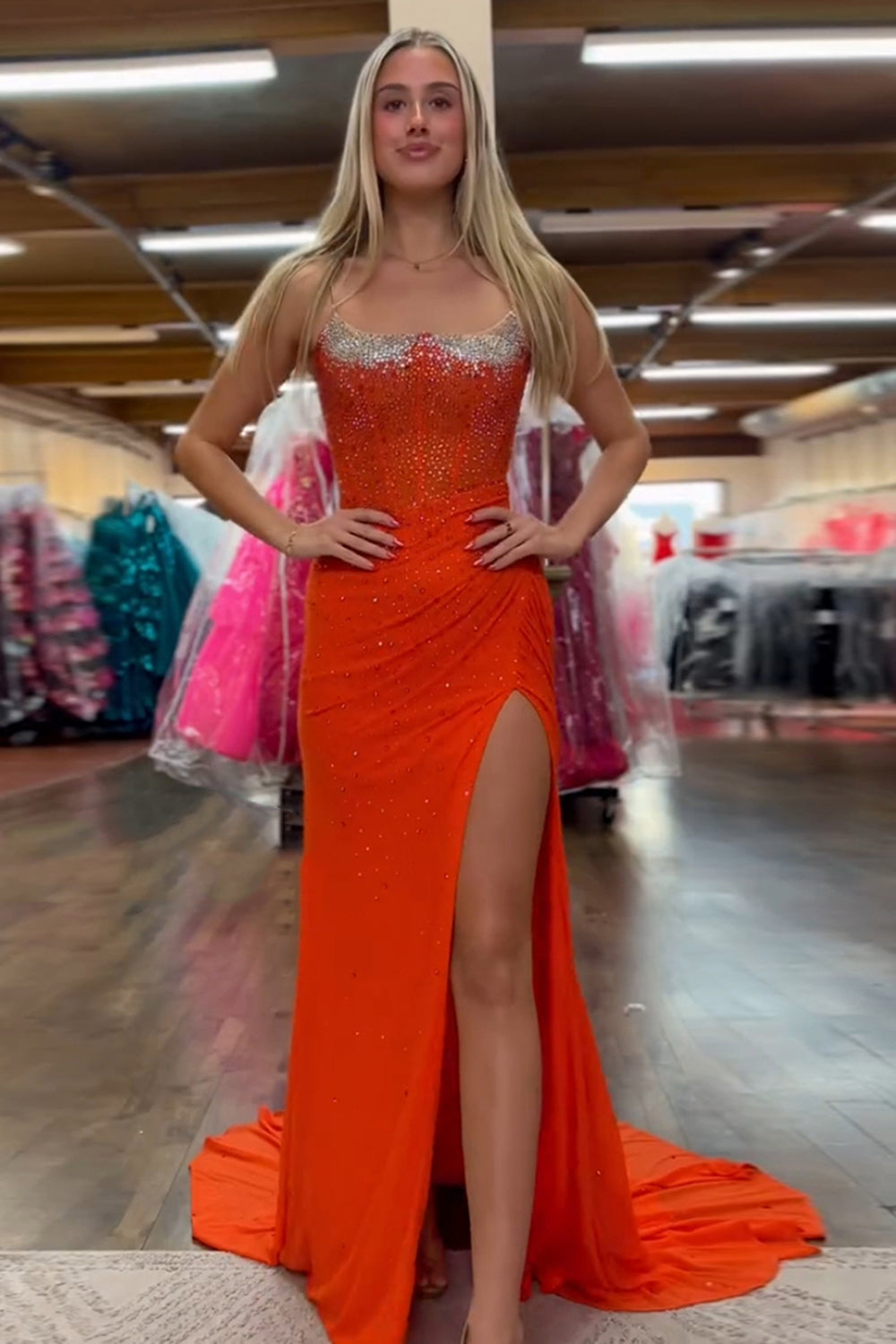 Long Beaded Mermaid Prom Dress with Orange Spaghetti Straps and Slit