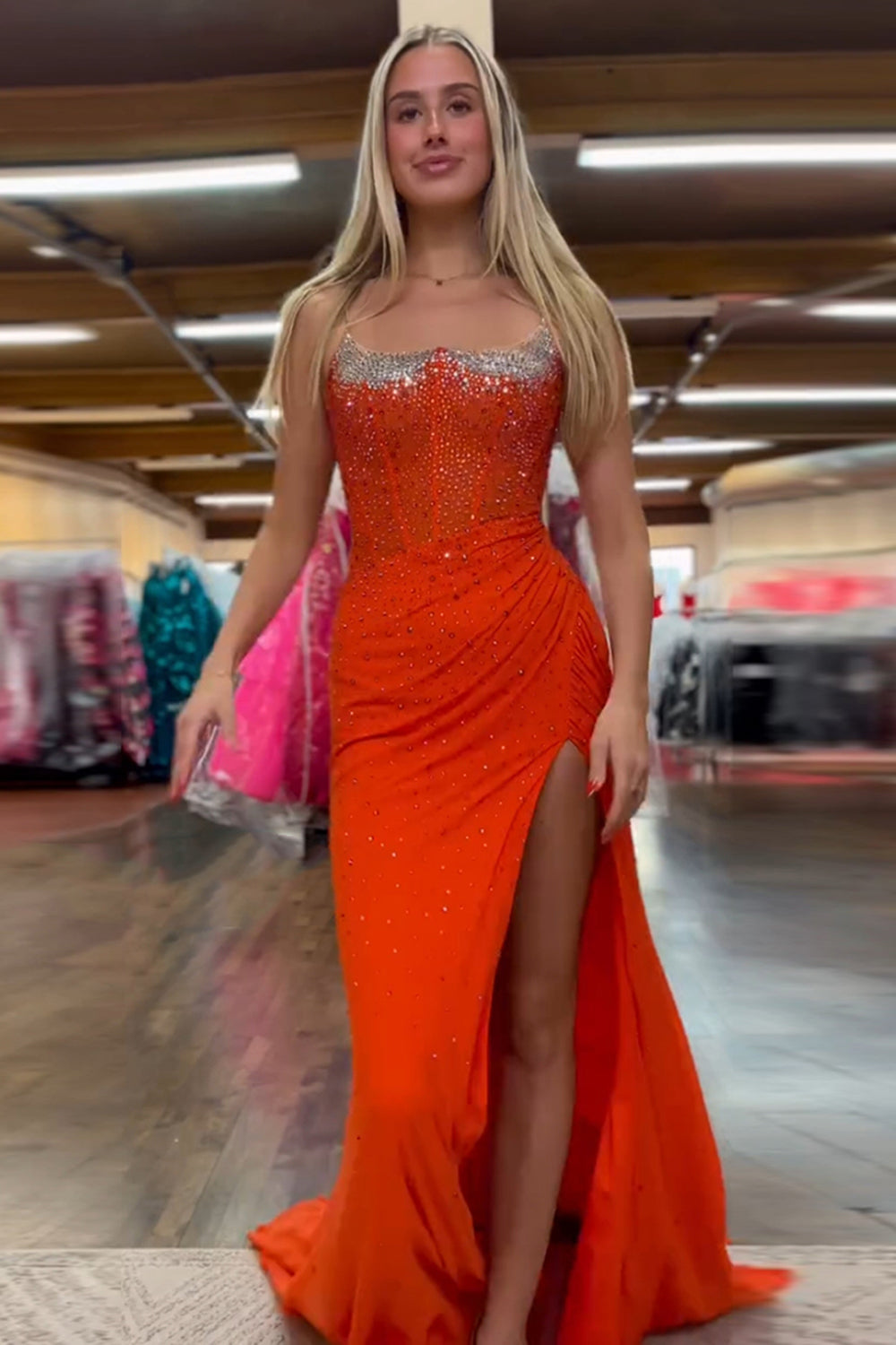 Long Beaded Mermaid Prom Dress with Orange Spaghetti Straps and Slit