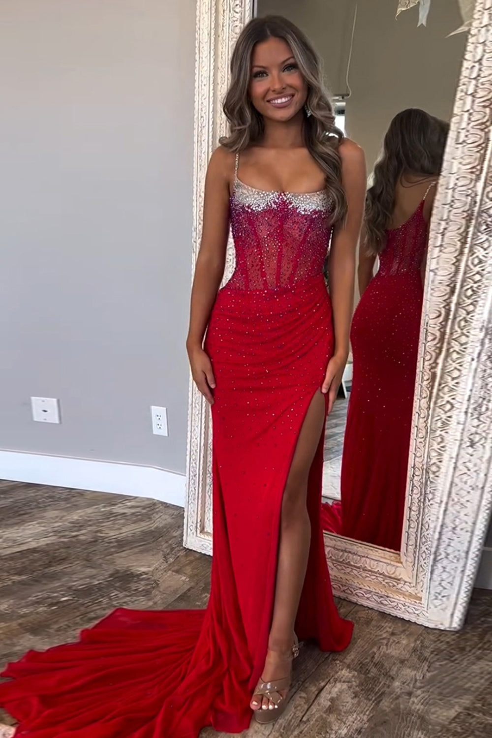 Long Beaded Mermaid Prom Dress with Orange Spaghetti Straps and Slit