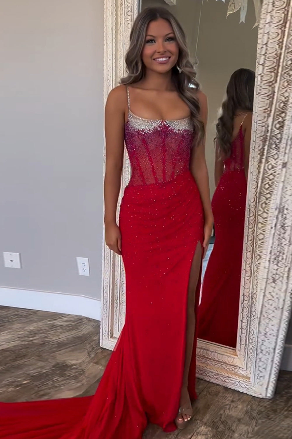 Long Beaded Mermaid Prom Dress with Orange Spaghetti Straps and Slit