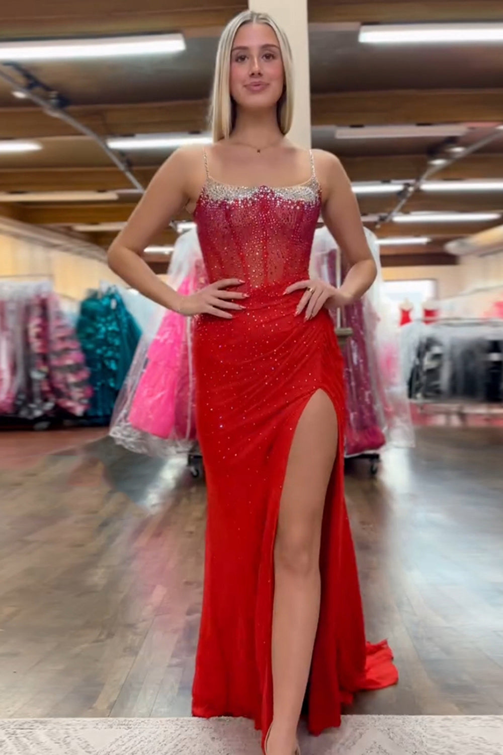 Long Beaded Mermaid Prom Dress with Orange Spaghetti Straps and Slit