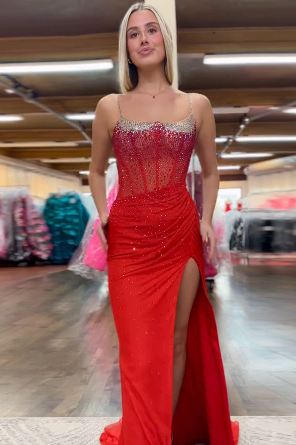 Long Beaded Mermaid Prom Dress with Orange Spaghetti Straps and Slit