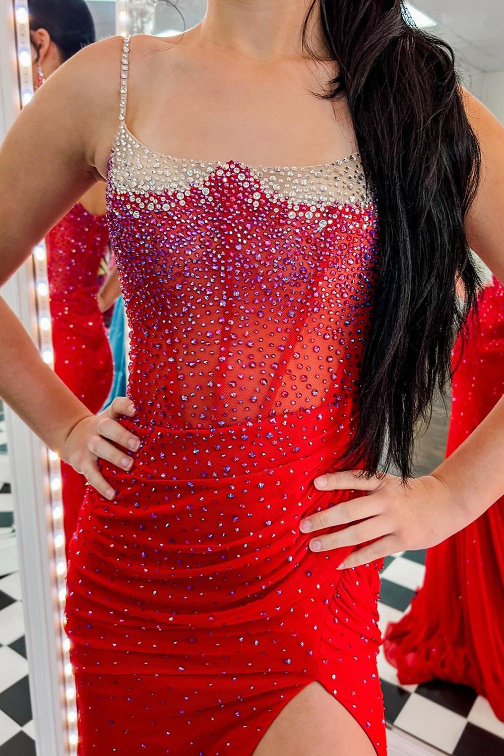 Long Beaded Mermaid Prom Dress with Orange Spaghetti Straps and Slit