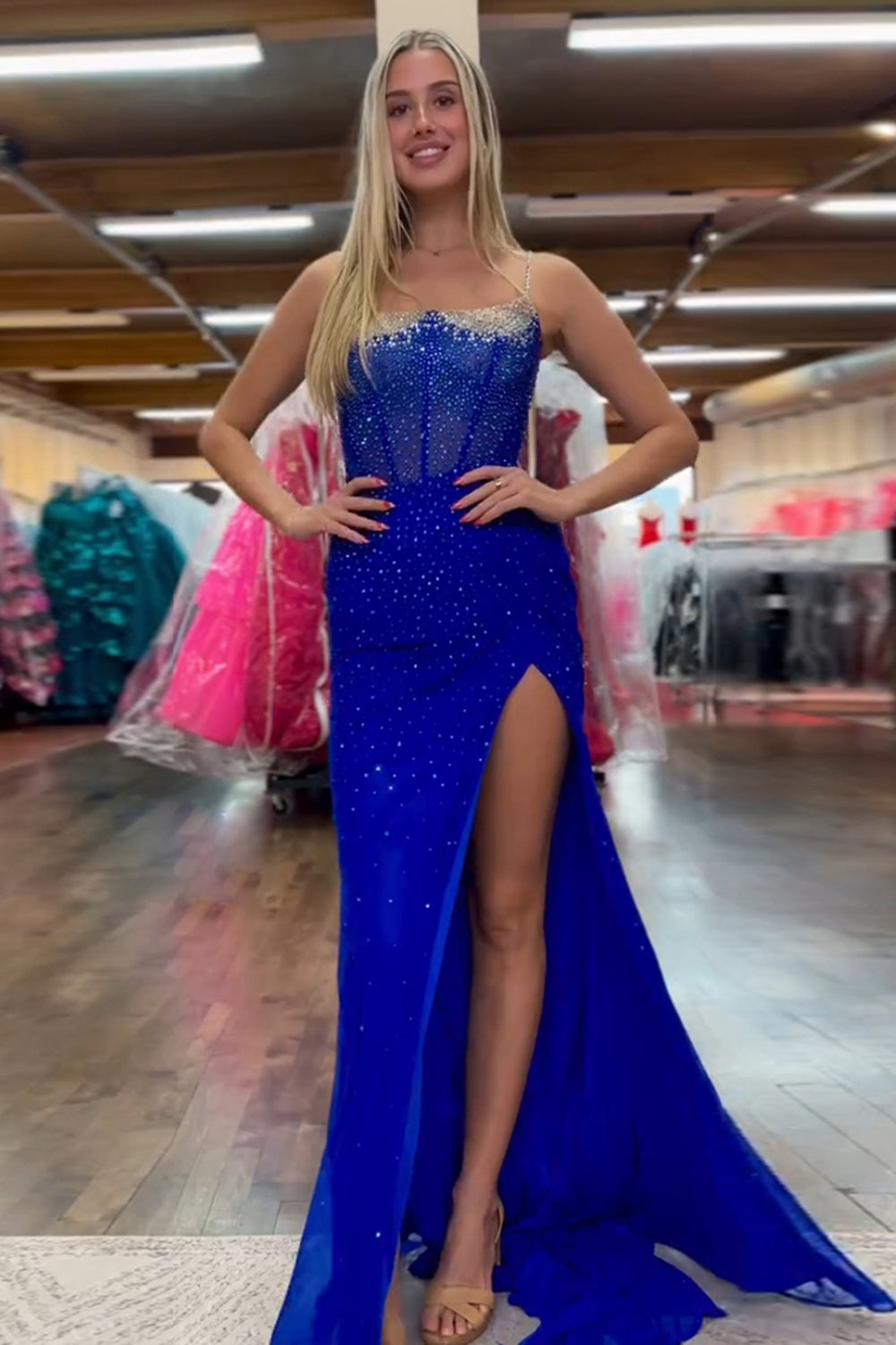 Long Fuchsia Beaded Sheath Prom Dress with Sparkly Slit Corset