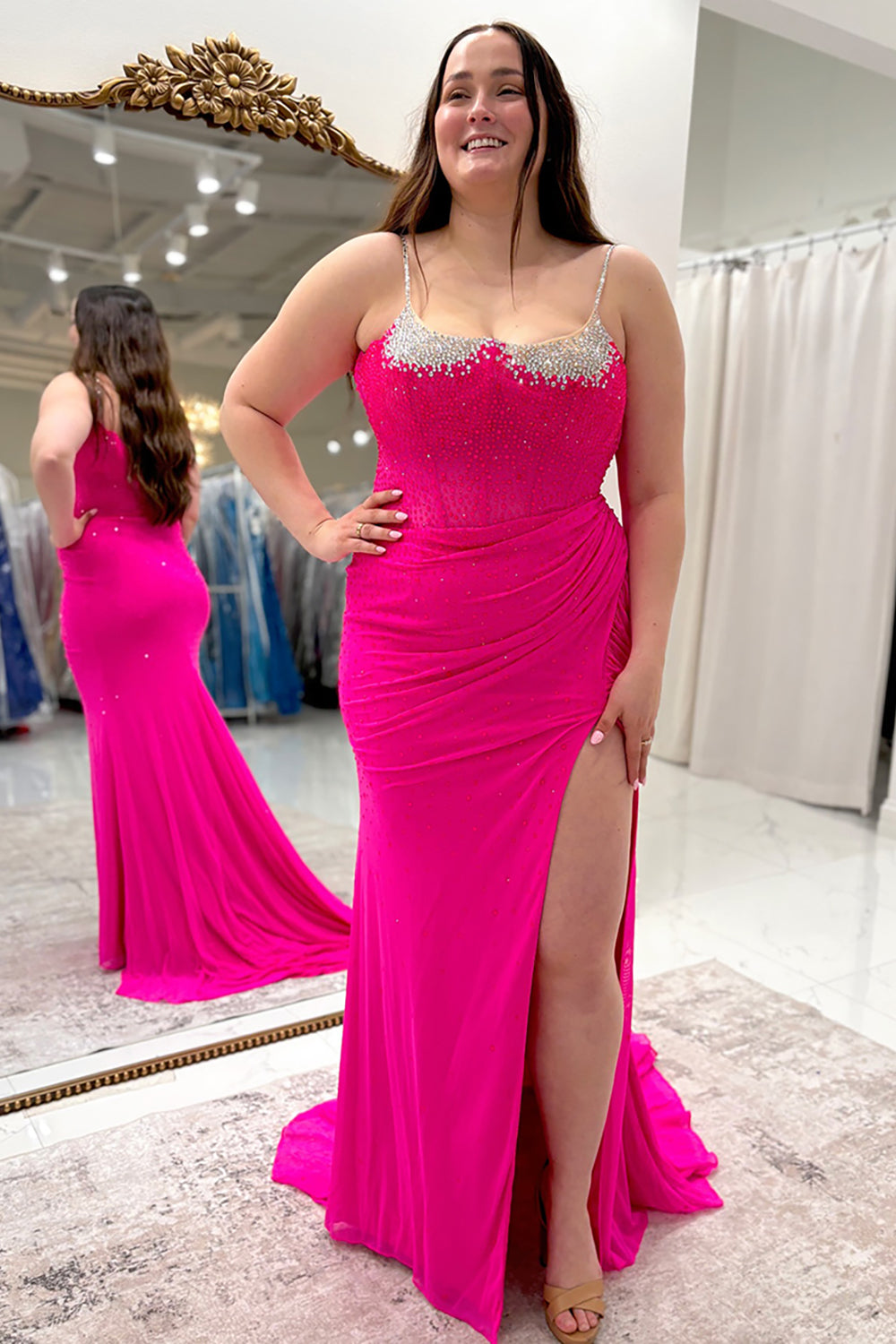 Long Mermaid Prom Dress with Dark Green Spaghetti Straps Beaded Corset and Slit