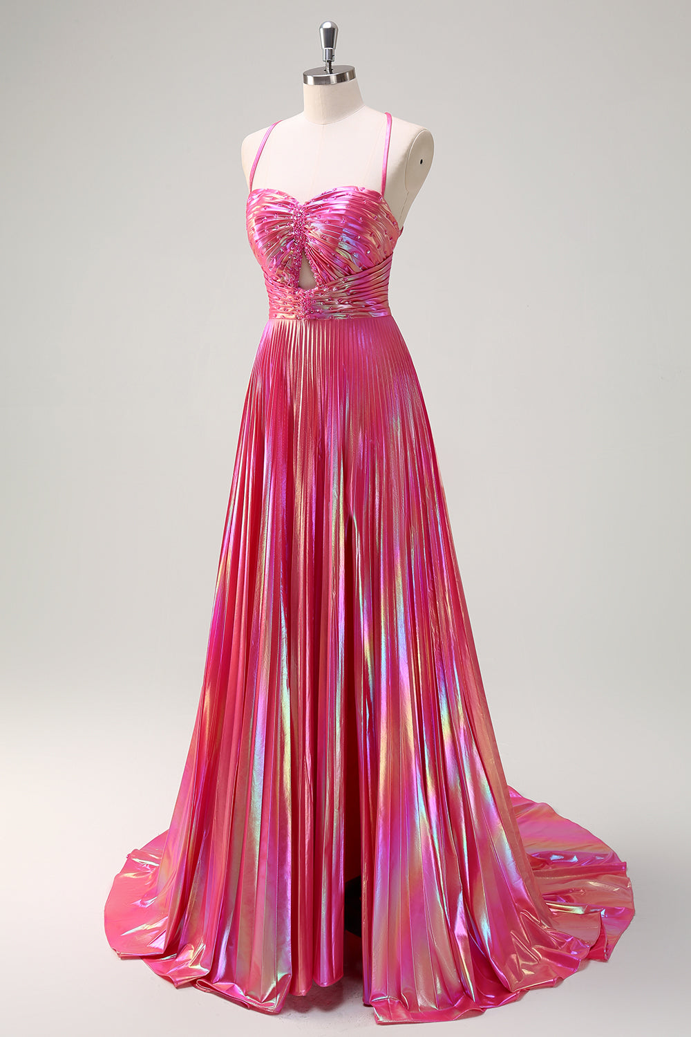 Long Pleated Prom Dress with Blush Metallic Spaghetti Straps and Slit
