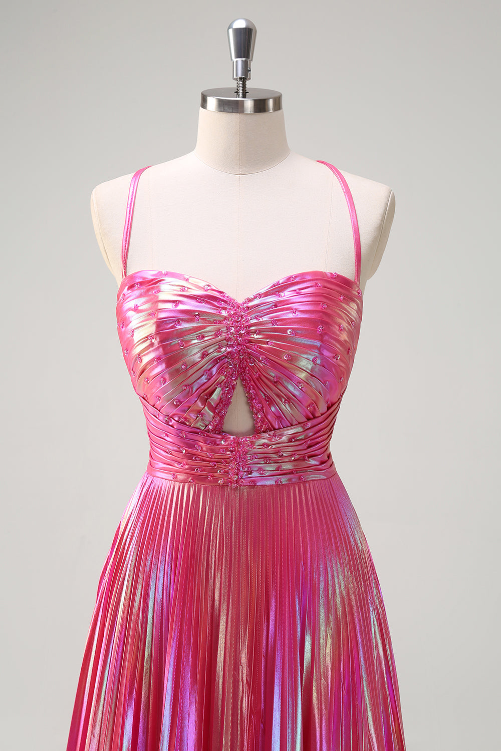 Long Pleated Prom Dress with Blush Metallic Spaghetti Straps and Slit