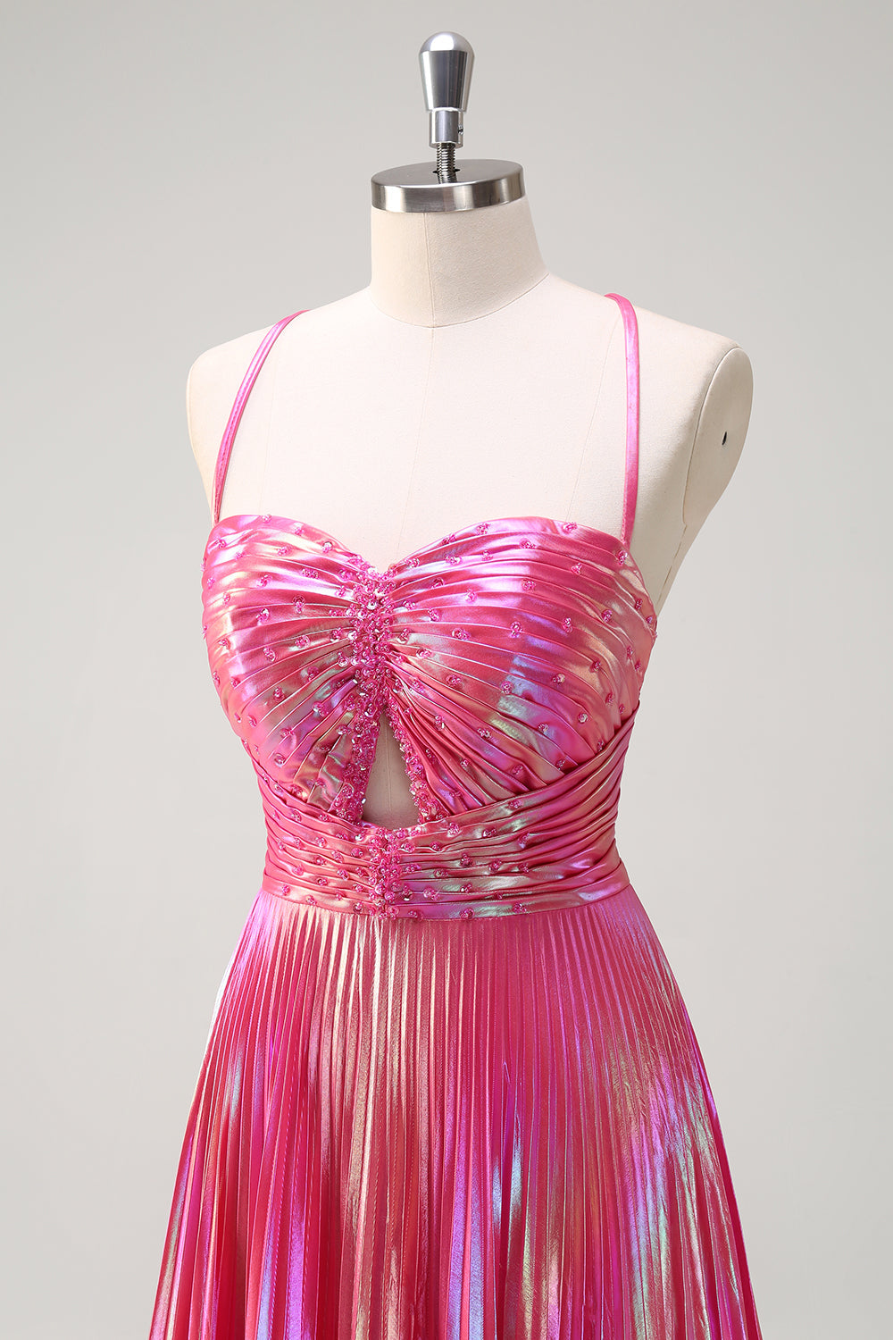 Long Pleated Prom Dress with Blush Metallic Spaghetti Straps and Slit