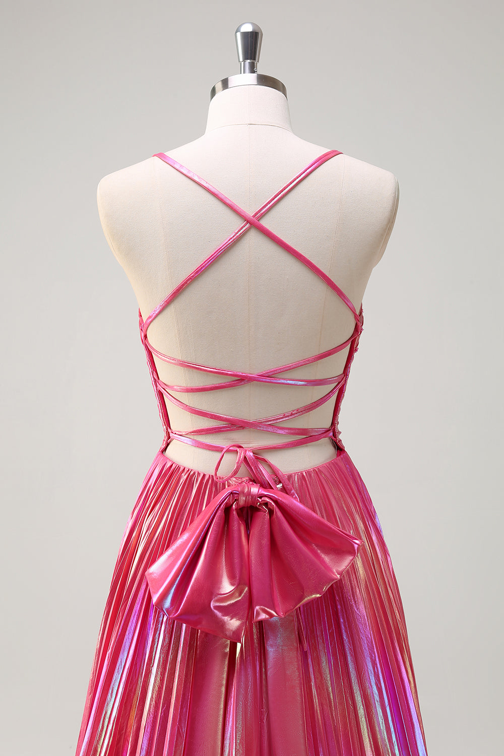 Long Pleated Prom Dress with Blush Metallic Spaghetti Straps and Slit