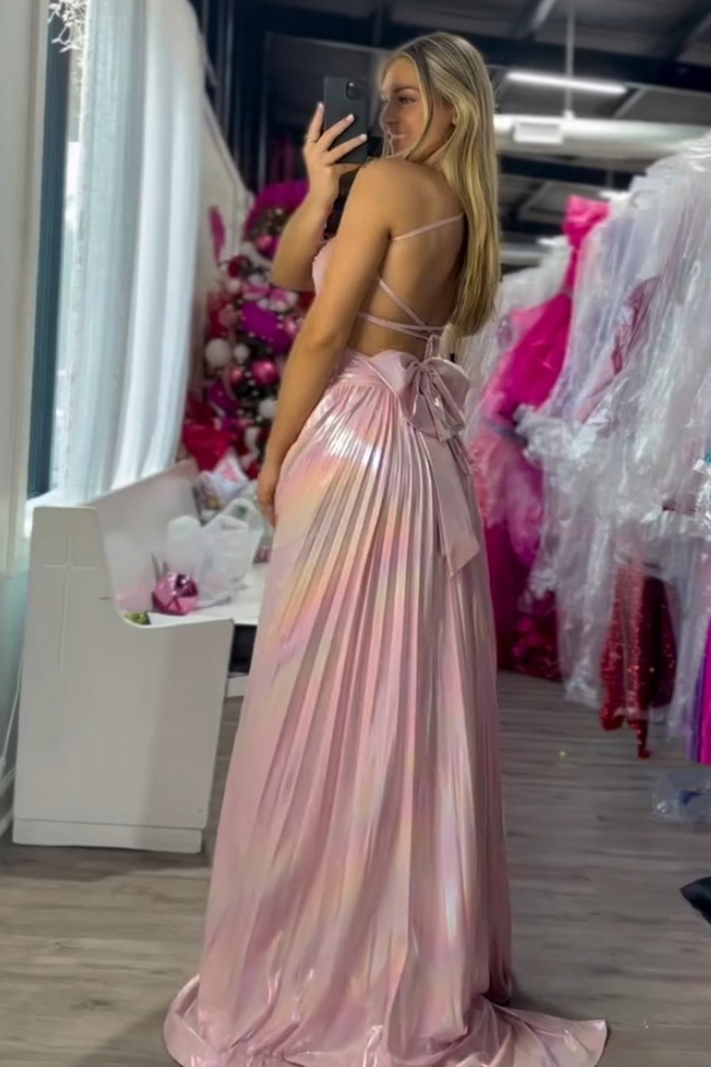 Long Pleated Prom Dress with Blush Metallic Spaghetti Straps and Slit
