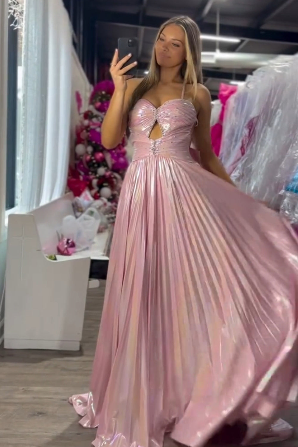 Long Pleated Prom Dress with Blush Metallic Spaghetti Straps and Slit