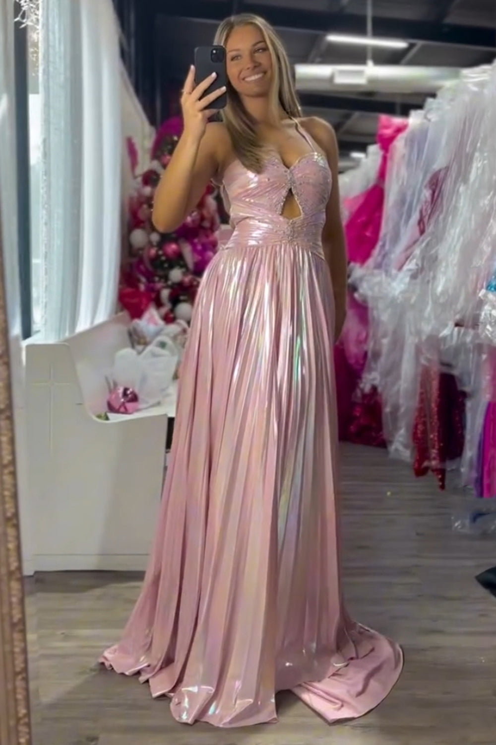 Long Pleated Prom Dress with Blush Metallic Spaghetti Straps and Slit