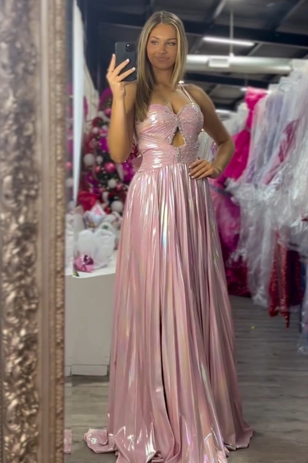 Long Pleated Prom Dress with Blush Metallic Spaghetti Straps and Slit