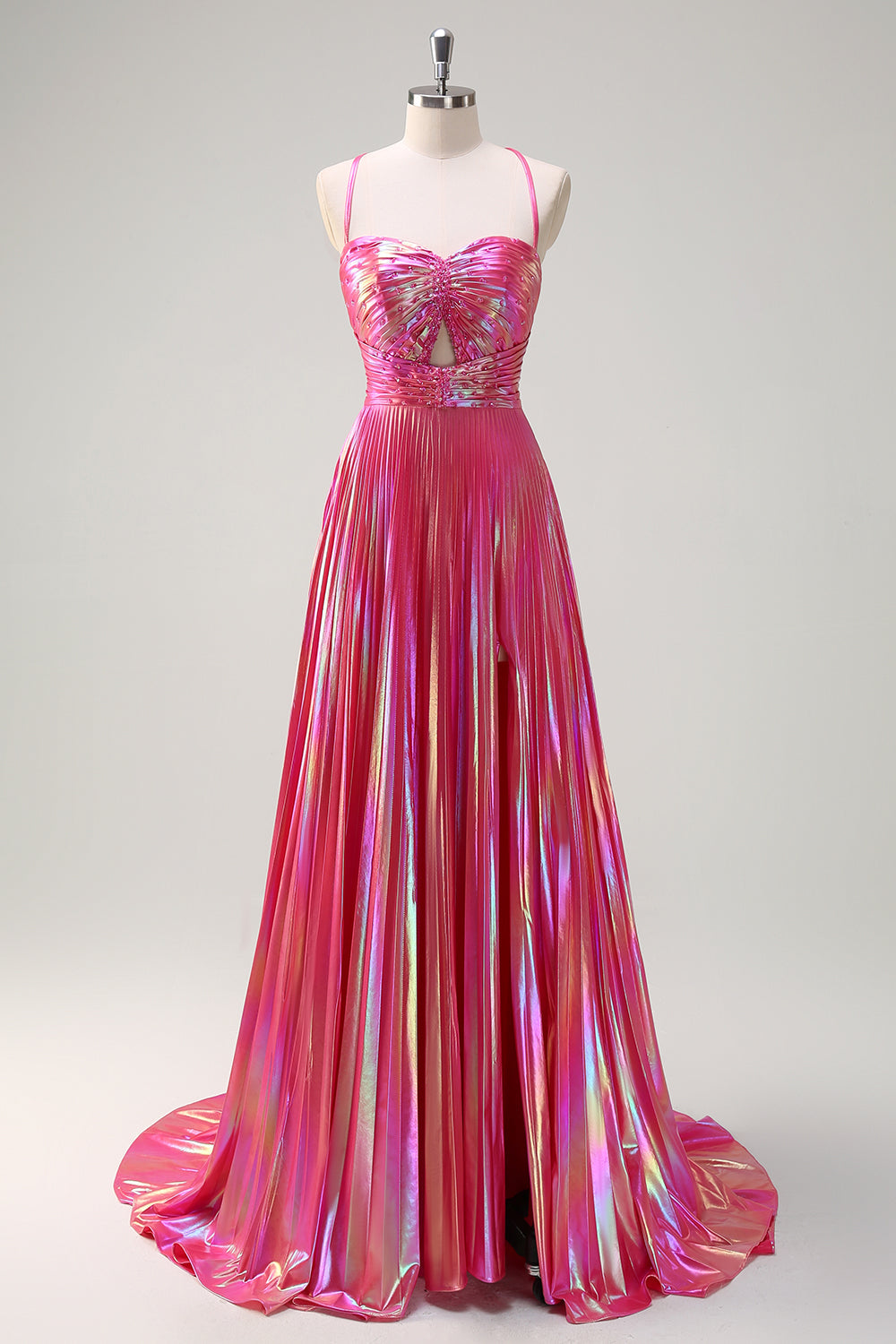 Long Pleated Prom Dress with Blush Metallic Spaghetti Straps and Slit