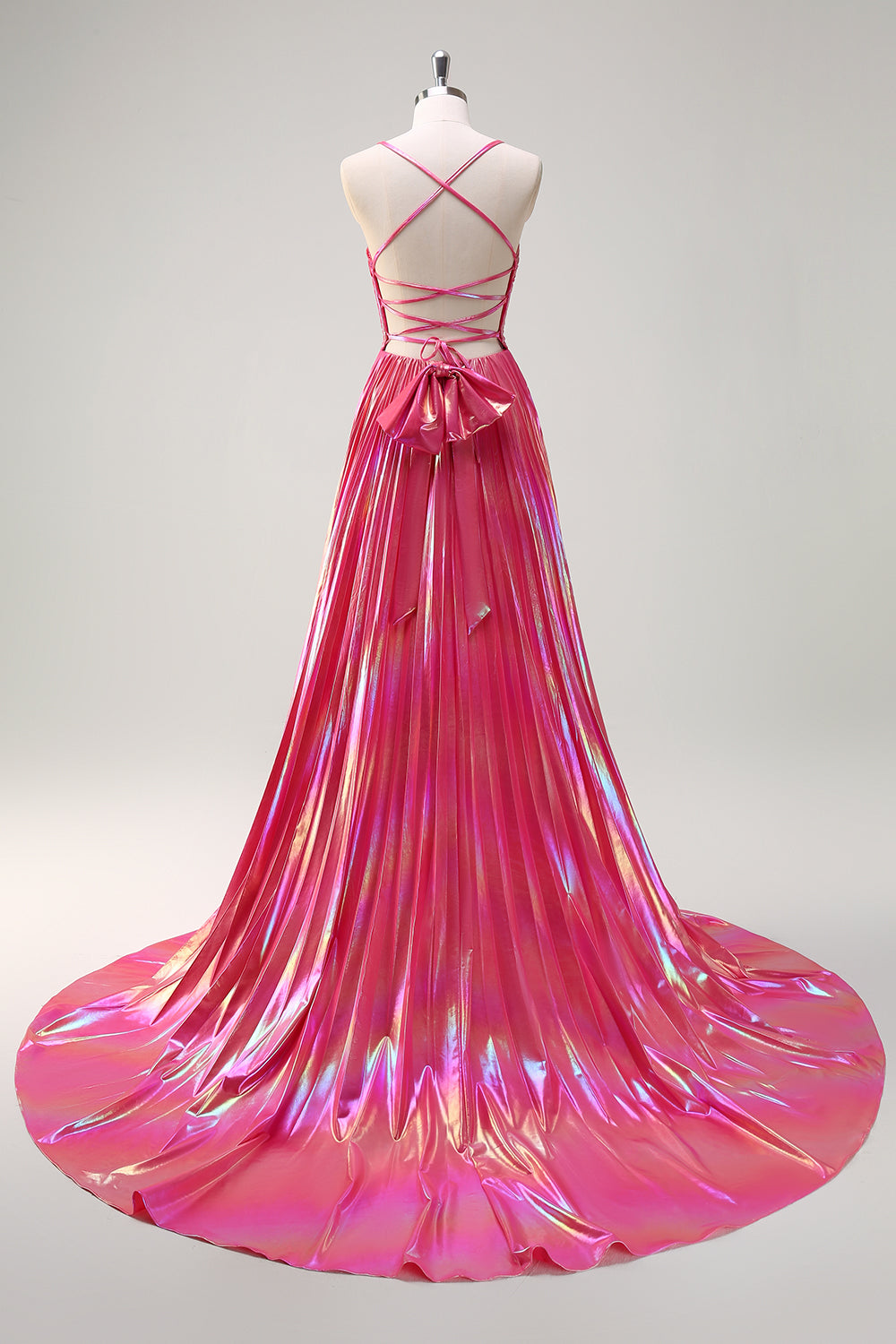Long Pleated Prom Dress with Blush Metallic Spaghetti Straps and Slit