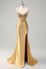 Long Corset Prom Dress with Sparkly Gold Mermaid Spaghetti Straps and Slit