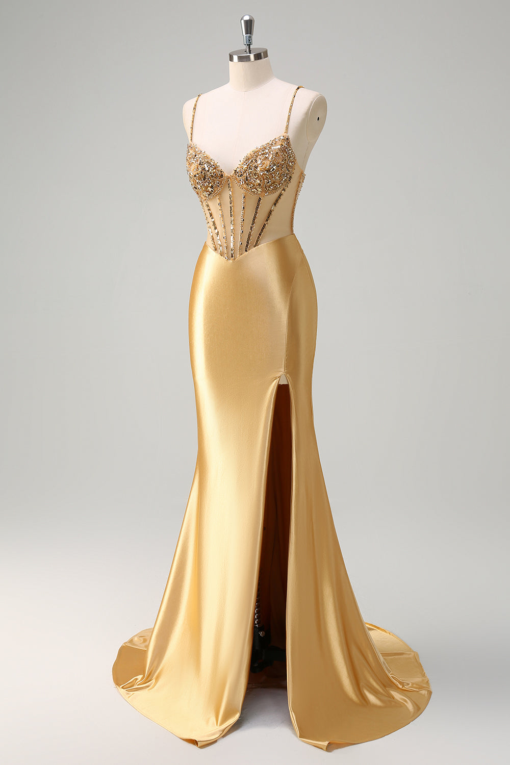 Long Corset Prom Dress with Sparkly Gold Mermaid Spaghetti Straps and Slit